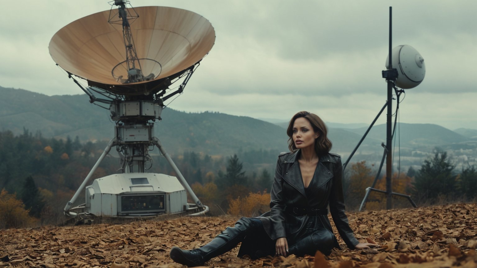 (((sexy cyberpunk android with mechanical parts Angelina Jolie sits on dry fallen leaves near a huge parabolic antenna radar with combat mecha robot))), ((vintage dystopian autumn hill with mountains background)), ((lighting dust particles)), horror movie scene, best quality, masterpiece, (photorealistic:1.4), 8k uhd, dslr, masterpiece photoshoot, (in the style of Hans Heysen and Carne Griffiths),shot on Canon EOS 5D Mark IV DSLR, 85mm lens, long exposure time, f/8, ISO 100, shutter speed 1/125, award winning photograph, facing camera, perfect contrast,cinematic style