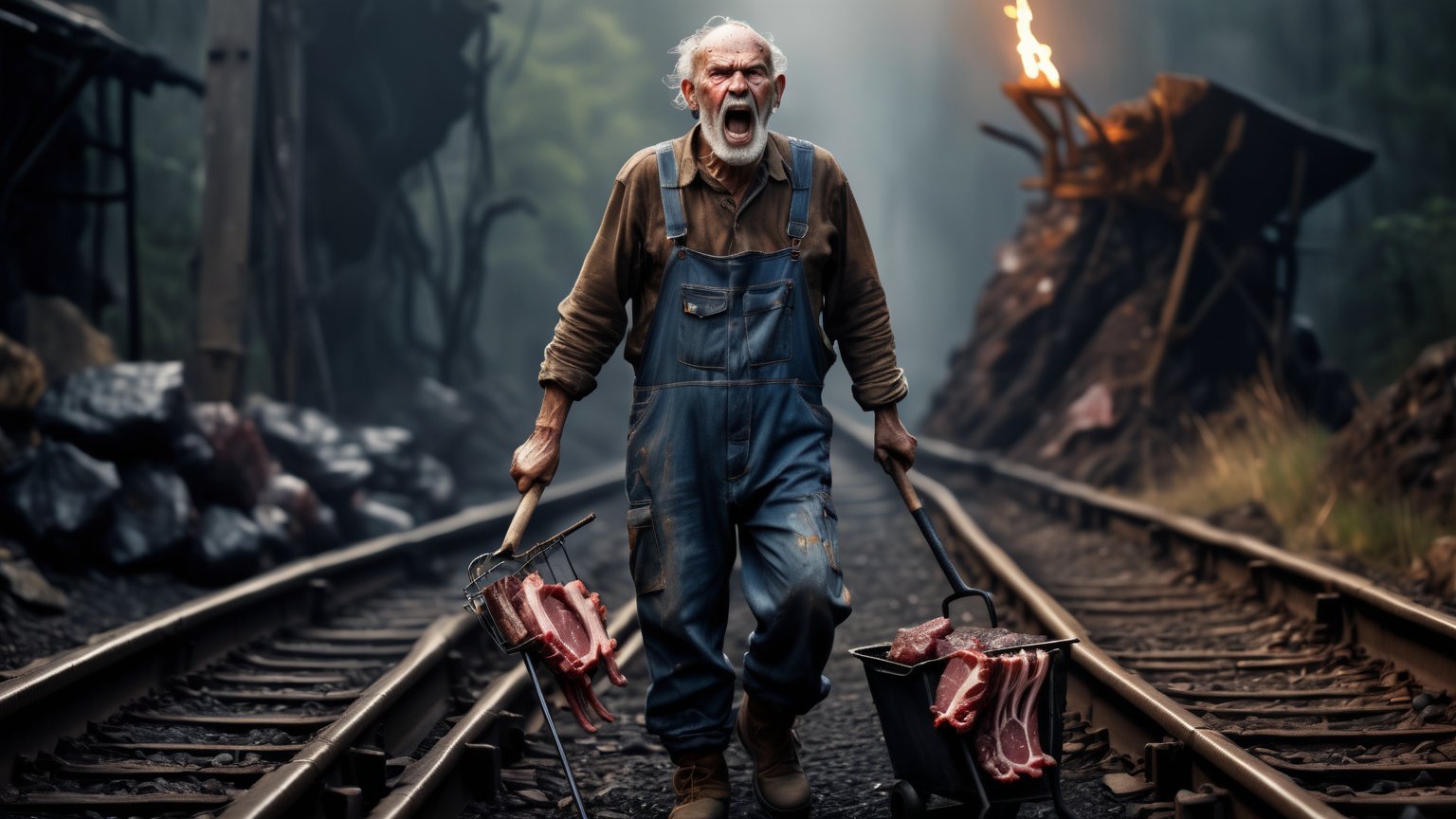 (((full body angry screaming biopunk old man miner in overalls with a pickaxe in hand with raw meat body parts stands next to a trolley on the railroad tracks))), full body shot, ((dark dirty coal mine background)), abrasions and scratches, torn flesh, high detail,  8k, masterpiece, realistic photo, horror, ct-horror, fantastical, intricate detail, complementary colors, horror fantasy concept art,(in the style of Hans Heysen and Carne Griffiths),shot on Canon EOS 5D Mark IV DSLR, 85mm lens, long exposure time, f/8, ISO 100, shutter speed 1/125, award winning photograph, facing camera, perfect contrast,cinematic style,biopunk style