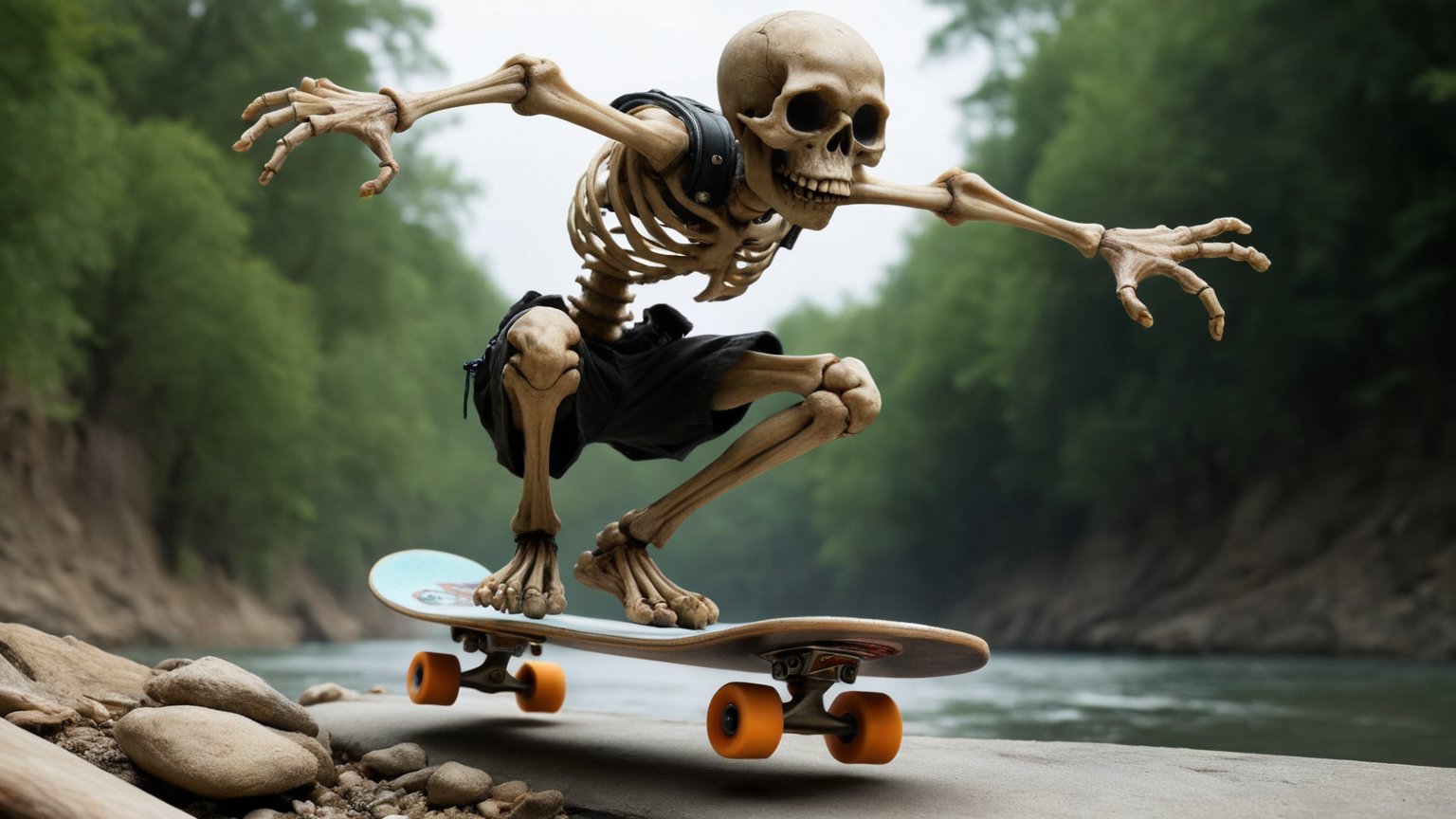 (((A skeleton dressed in hip-hop gear rides a skateboard down a bone-strewn river))), ((summer sunny background)), (art by Masamune Shirow, art by J.C. Leyendecker, art by Boris Vallejo), masterpiece, hyper-realistic oil painting, vibrant colors, horror comics style, correct lighting, a telephoto shot, dark fantasy, dark color scheme, hyper realistic, raw, cinematic, photorealism, 8k, intricately detailed, award winning,zkeleton