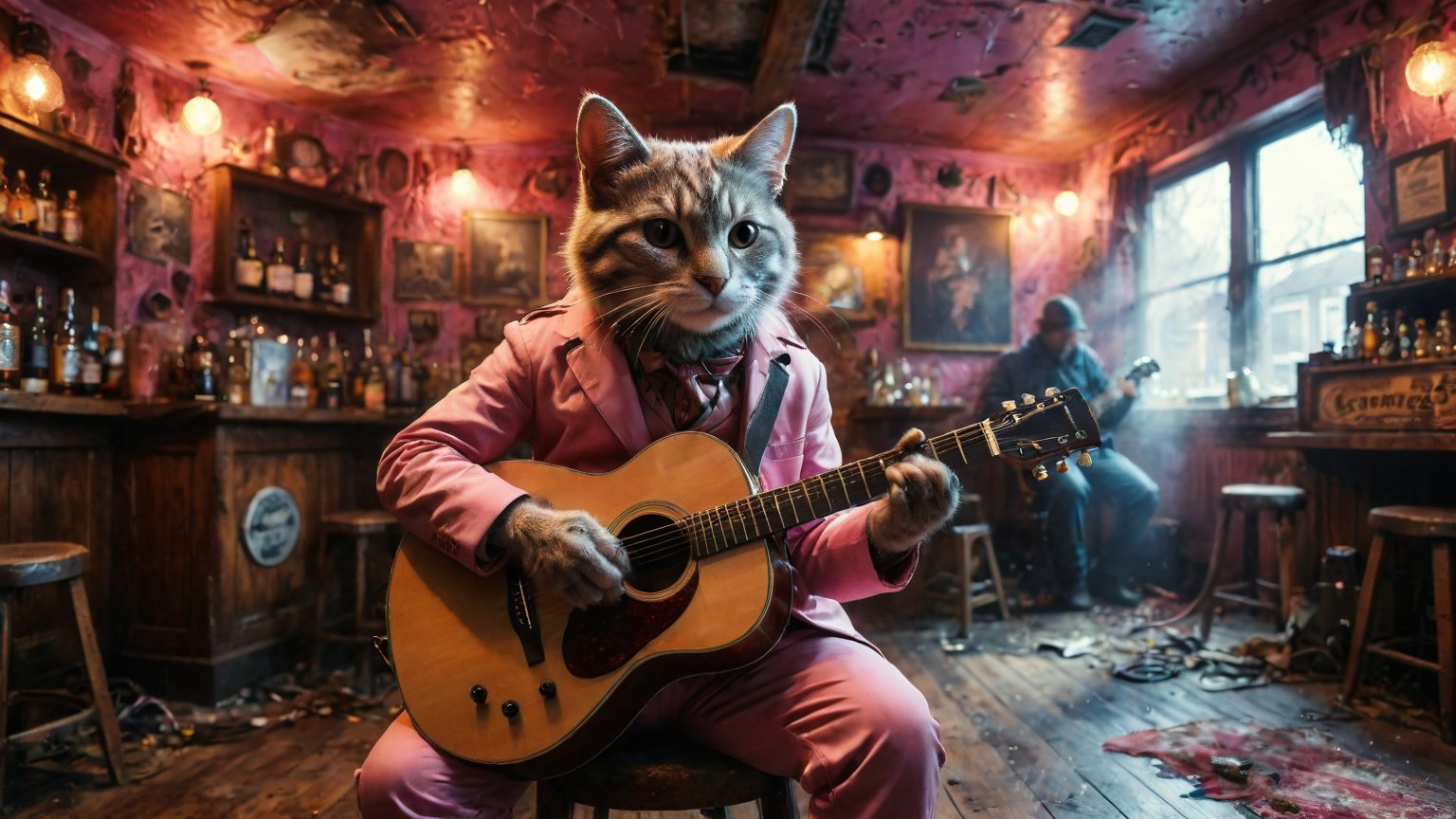 (((cat dressed in pink retro flared suit plays guitar))), ((cozy theater stage of a beer pub background)), high detail, 8k, masterpiece, realistic photo, sci-fi, fantastical, intricate detail, complementary colors, (in the style of Hans Heysen and Carne Griffiths), shot on Canon EOS 5D Mark IV DSLR, 85mm lens, long exposure time, f/8, ISO 100, shutter speed 1/125, award winning photograph, facing camera, perfect contrast, cinematic style