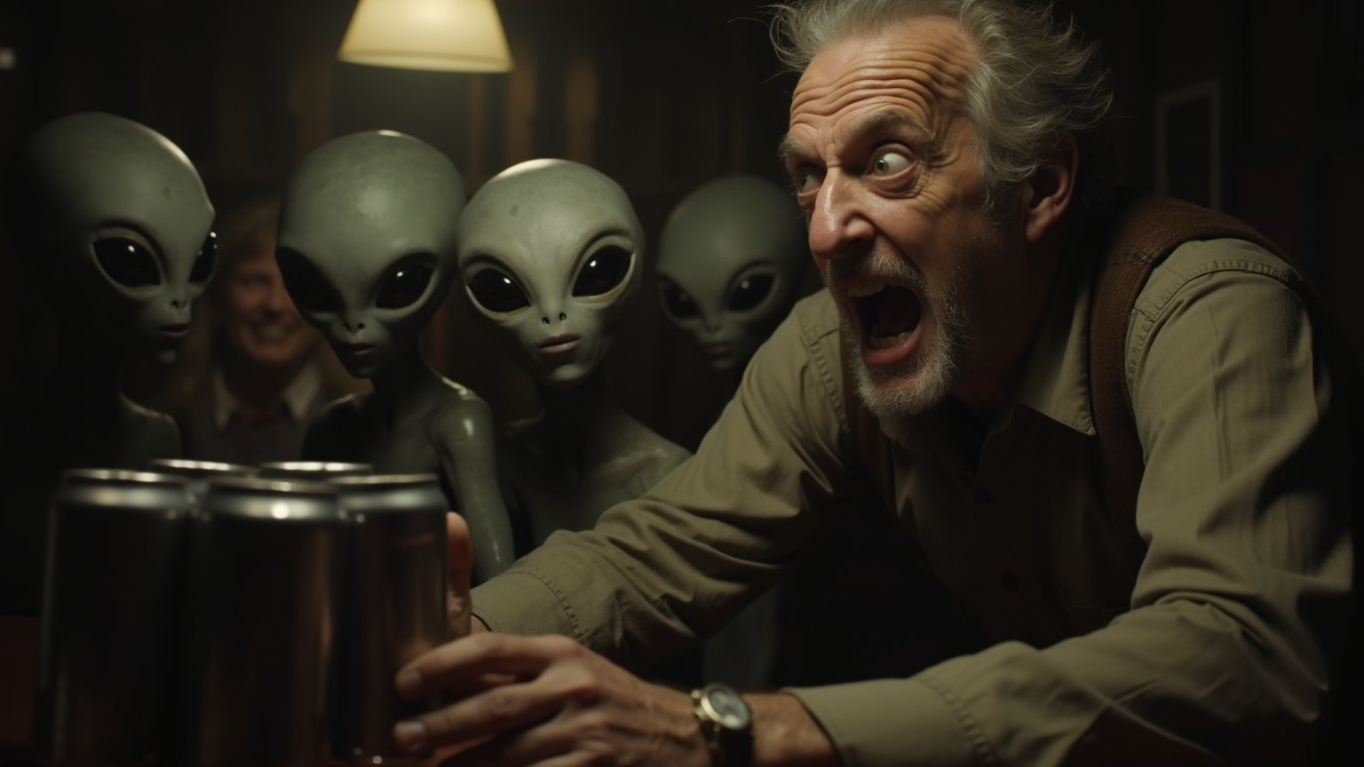 Ultra realistic close-up analog photo, depth of field, cinematic movie still, a terrified old man yells at small grey big-headed aliens who are stealing cans of beer in an old dark village bar.