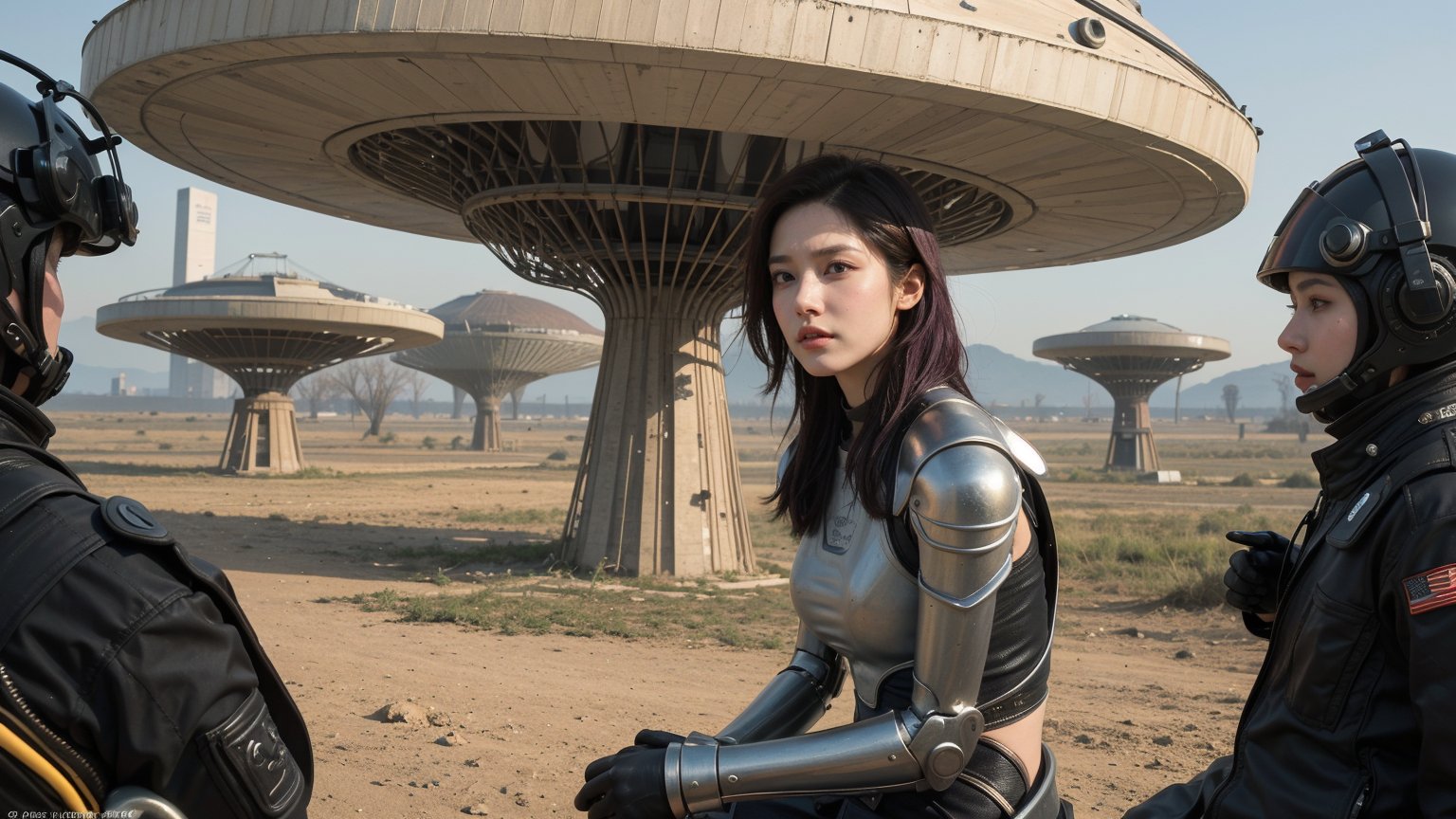 medium shot of one sci-fi futuristic woman, purple hair, cybernetic armor, sitting, (a space UFO flying saucer stands in the distance), dystopian cyberpunk desert yard background, (determined expression:1.3), (fierce gaze:1.4), outdoor, dystopian futuristic era, realistic, ambient light, cinematic composition, wide-angle lens, best quality, masterpiece