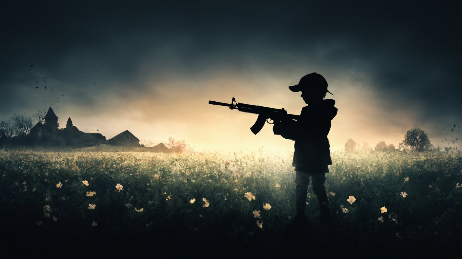 ((Double exposure)), silhouette photography, weapon gun with cartridges, a spring flower field with childrens landscape, (top isometric view), dark mood, thriller, suspense, spring tone, slow shutter speed photography, sketch, 32K, high resolution