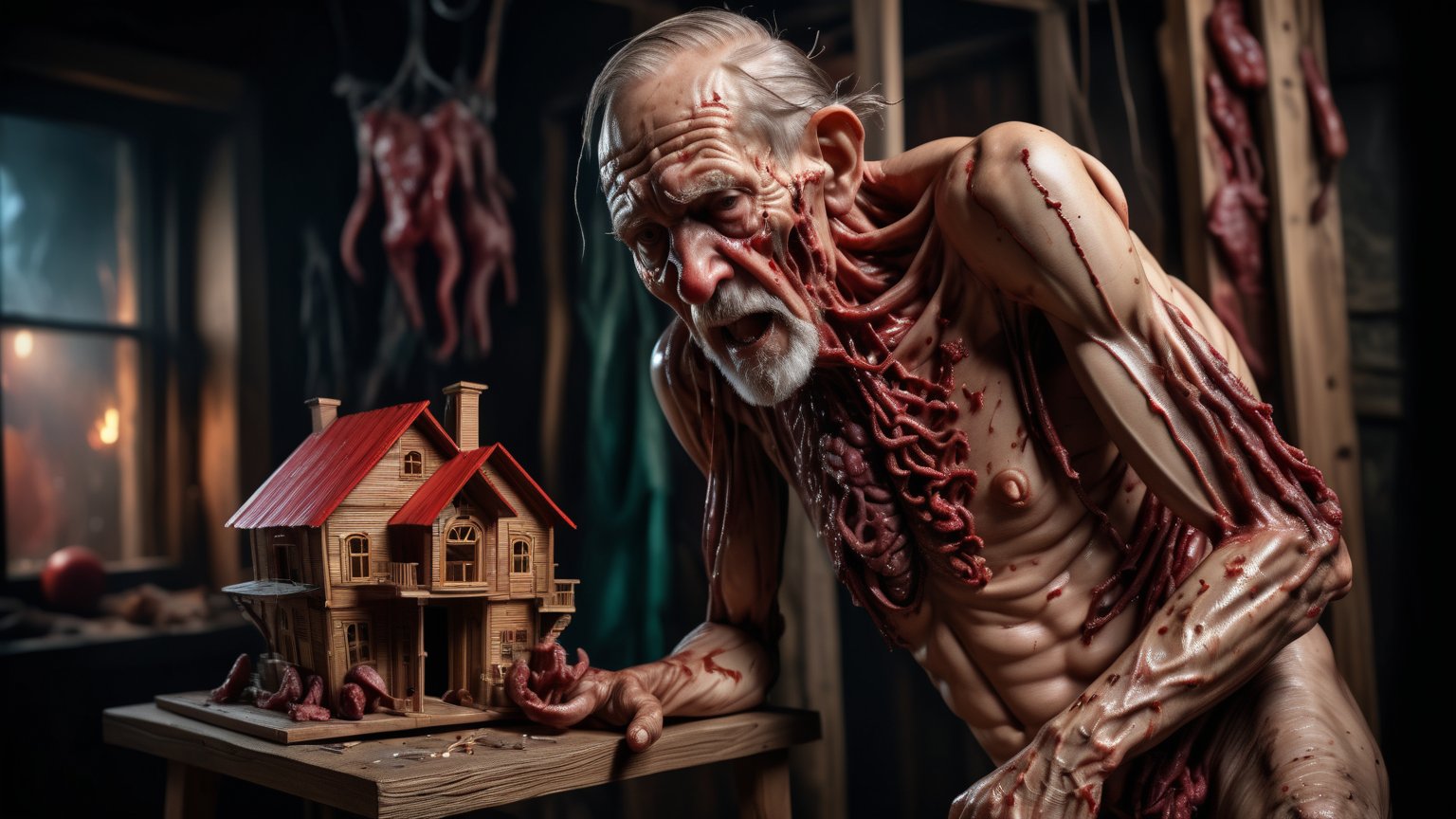 (((full body screaming biopunk old man with raw meat body parts with a deformed body hugs an old wooden toy house in a red liquid))), full body shot, ((dark dirty room with old vintage broken mannequins background)), abrasions and scratches, torn flesh, high detail,  8k, masterpiece, realistic photo, horror, ct-horror, fantastical, intricate detail, complementary colors, horror fantasy concept art,(in the style of Hans Heysen and Carne Griffiths),shot on Canon EOS 5D Mark IV DSLR, 85mm lens, long exposure time, f/8, ISO 100, shutter speed 1/125, award winning photograph, facing camera, perfect contrast,cinematic style,biopunk style