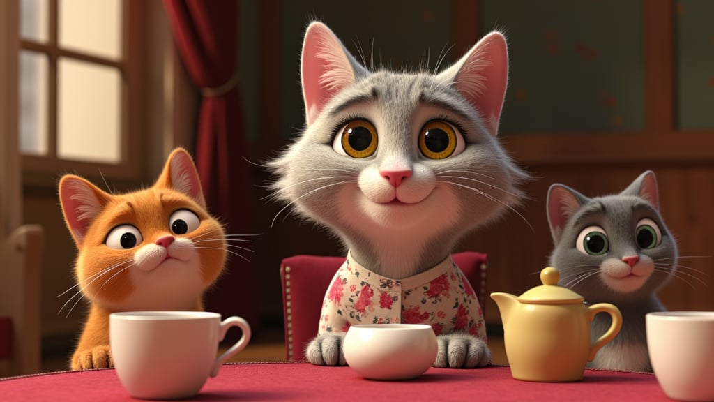 Mimi, a caring, happy mother cat with a fluffy, bright gray coat and large yellow eyes, dressed in a vintage floral dress sits with her cat friends at a table with a teapot and cups in cozy room. Designed in the style of Pixar.