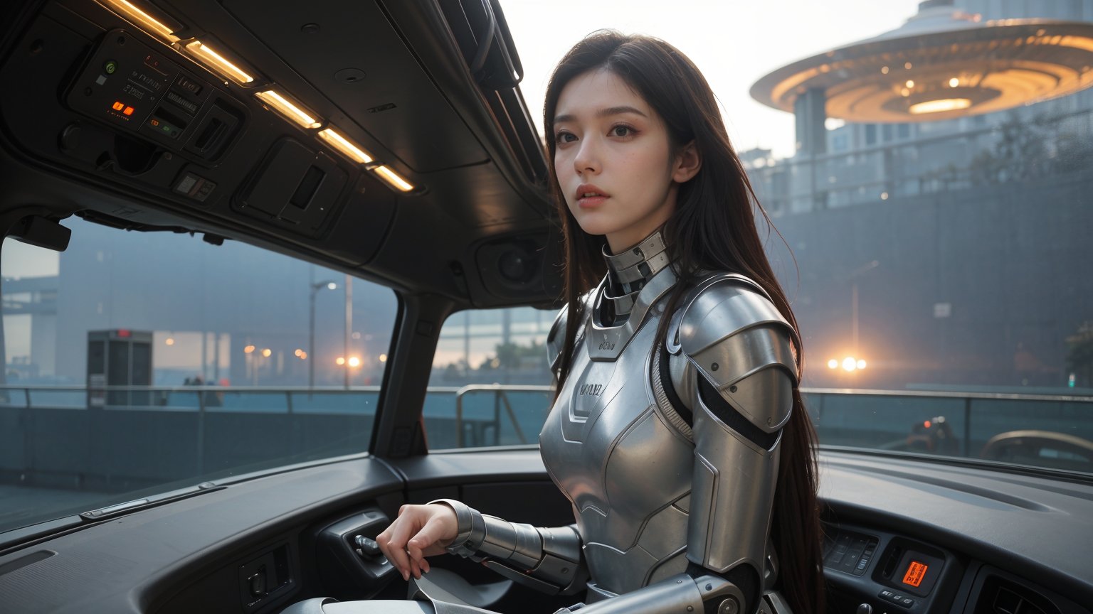 medium shot of one sci-fi futuristic woman, purple dreadlocks hair, cybernetic armor, sitting, (a space UFO flying saucer stands in the distance), dystopian city background, (determined expression:1.3), (fierce gaze:1.4), outdoor, dystopian futuristic era, realistic, ambient light, cinematic composition, wide-angle lens, best quality, masterpiece