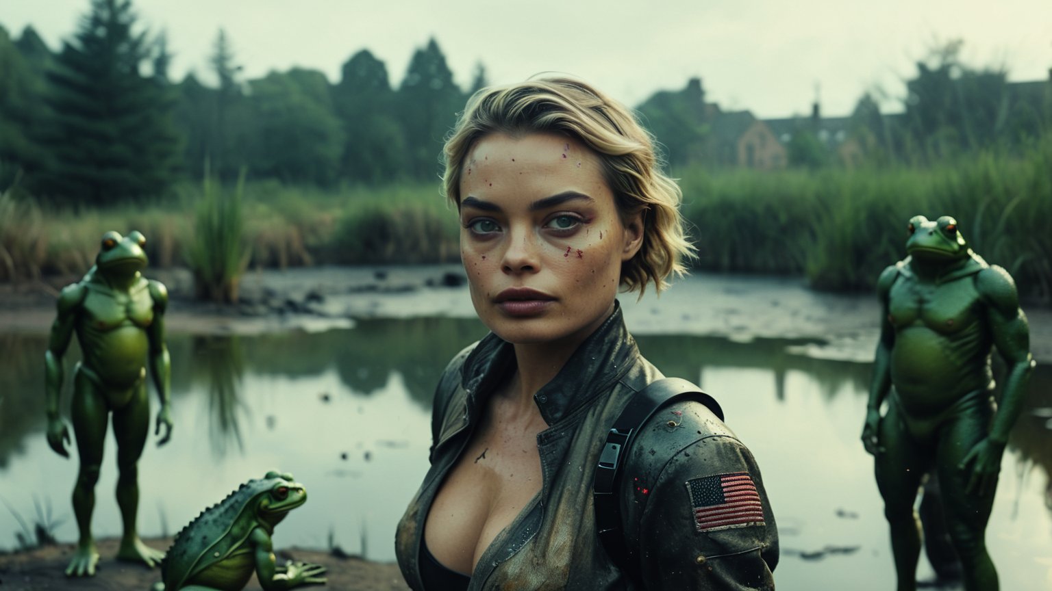 (((sexy cyberpunk android Margot Robbie stands near a pond with green acid and huge mutant frogs))), ((vintage dystopian cyberpunk wasteland background)), ((lighting dust particles)), horror movie scene, best quality, masterpiece, (photorealistic:1.4), 8k uhd, dslr, masterpiece photoshoot, (in the style of Hans Heysen and Carne Griffiths),shot on Canon EOS 5D Mark IV DSLR, 85mm lens, long exposure time, f/8, ISO 100, shutter speed 1/125, award winning photograph, facing camera, perfect contrast,cinematic style