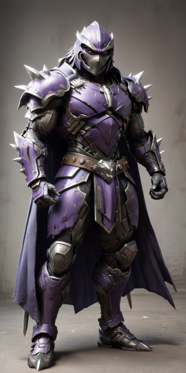 cowboy shot, ultra Realistic, (((Shredder warrior from "Teenage Mutant Ninja Turtles" movie))), (((full body Shredder warrior with spiked blades in gloves))), (((huge spiked blades in hands))), ((metal ninja mask)), ((violet ninja cloak)), vibrant color palette, (((strong pose))), full body