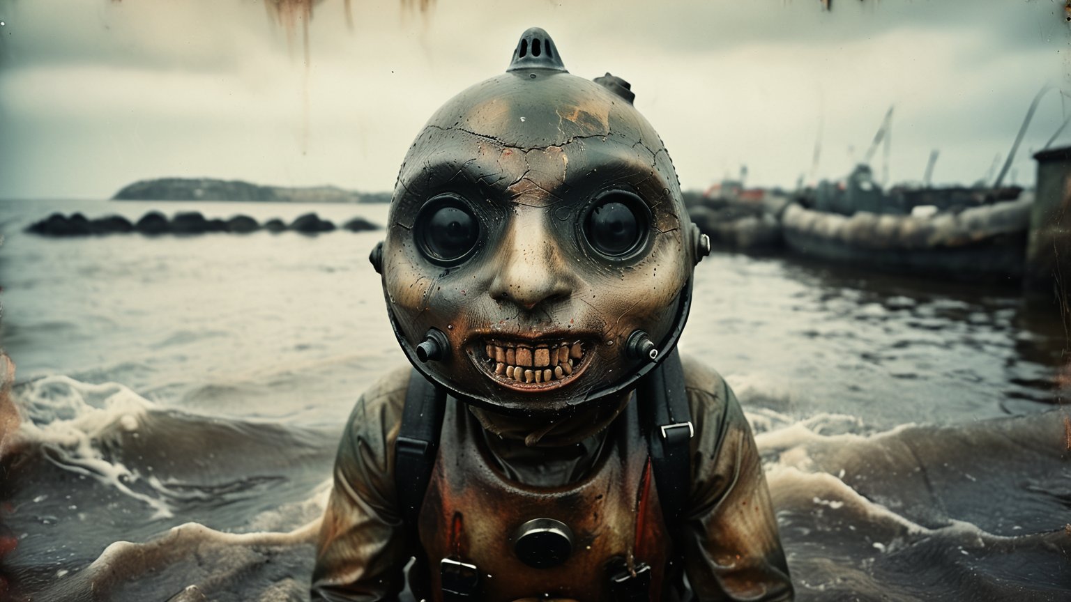 (((full body angry SIBITORO old man diver character with large black eye sockets, a creepy mouth with hundreds of teeth with a glass diving helmet sits near an old bathyscaphe))), full body shot, ((dark dirty vintage sea ​​harbor background)), high detail, 8k, masterpiece, realistic photo, horror, ct-horror, fantastical, intricate detail, complementary colors, horror fantasy concept art, (in the style of Hans Heysen and Carne Griffiths), shot on Canon EOS 5D Mark IV DSLR, 85mm lens, long exposure time, f/8, ISO 100, shutter speed 1/125, award winning photograph, facing camera, perfect contrast,cinematic style,cibtr