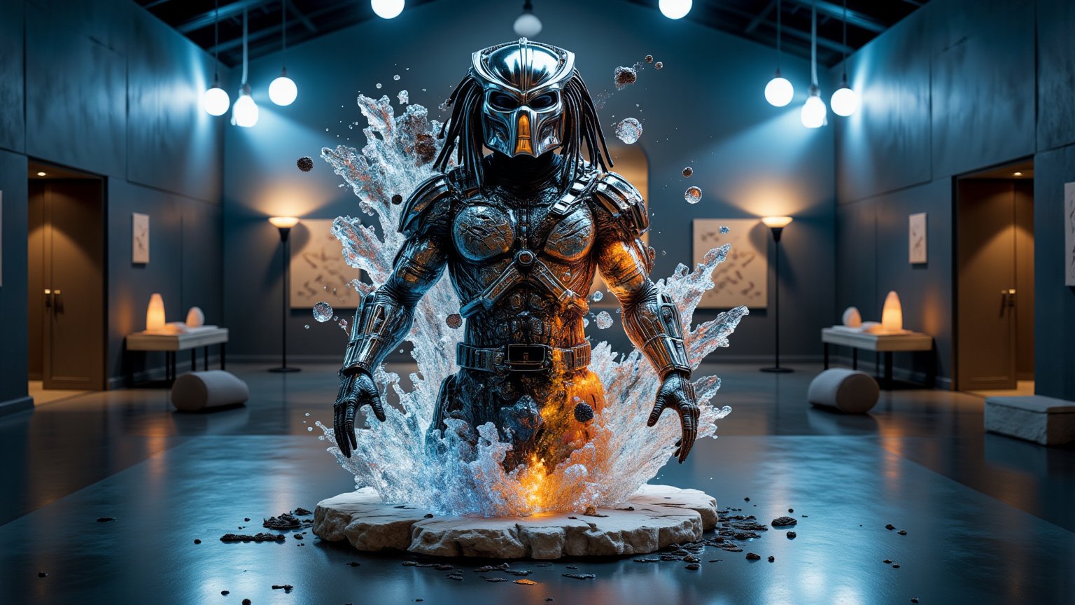 Cinematic ultra realistic shot. In the center of the composition is a crystal sculpture of Predator character from "Predator" movie. The crystal shimmers with a soft black color, symbolizing horror. From the inside, the sculpture is filled with a poisonous black liquid, symbolizing poison. The minimalist background refers to the sci-fi exhibition. The lighting is accentuated on the sculpture, helping to highlight the contrast between the color of the crystal and the color of the liquid. Romanticism in the format of dark fantasy, melancholic renaissance, surreal art