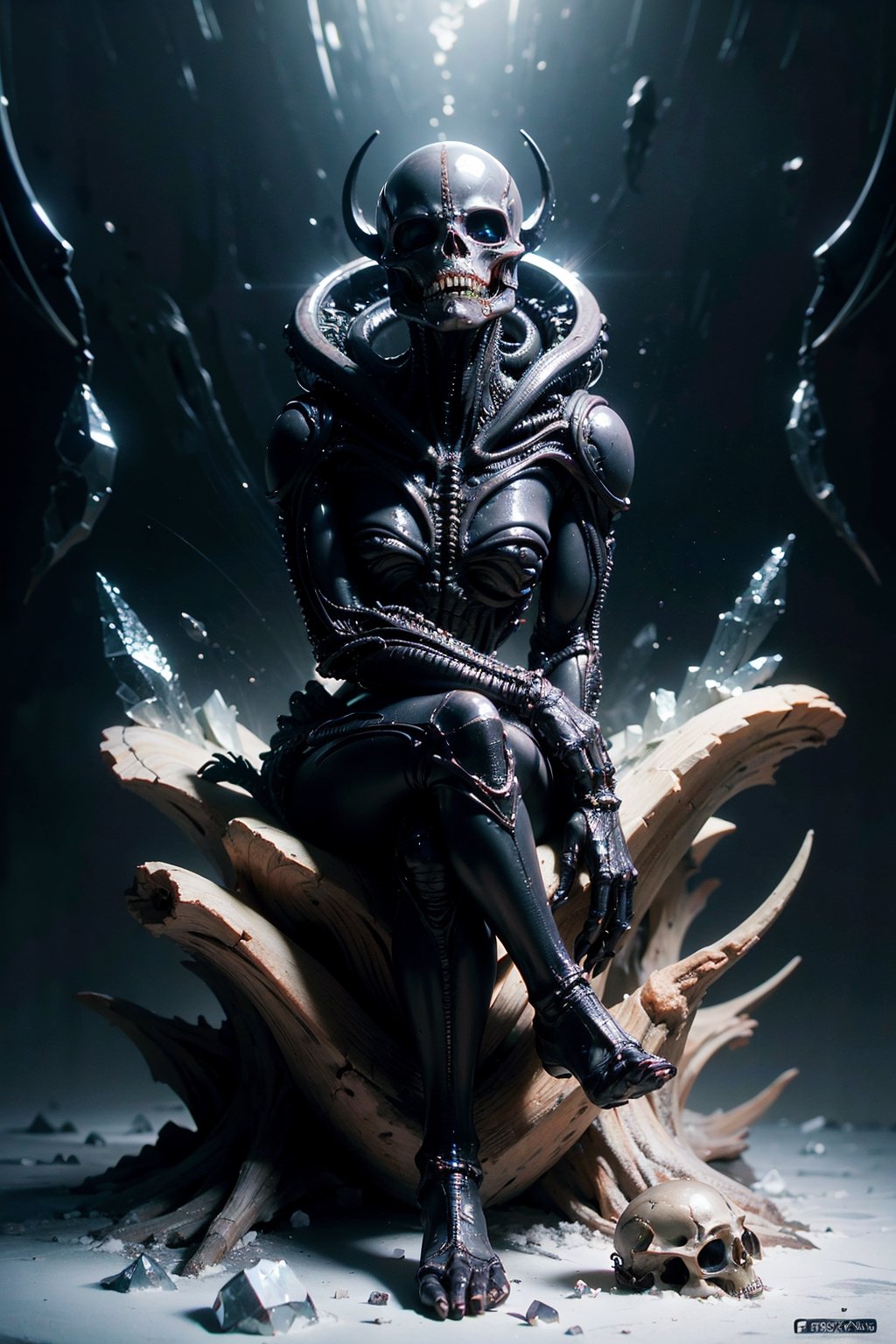 (white space station background), 1 H.R. Giger alien xenomorph, mid shot, full body, (((sitting H.R. Giger black glossy alien xenomorph))), focus on the face, ((rich in details, sitting gracefully on the skull pile, looking at the viewer)), magazine cover, (rich in details), masterpiece, horror, (crystal skull decoration, crystal skull pattern), (horrible atmosphere), Tindal effect, (Balance and coordination between all things), ((scary, cruel, evil, mist)), (screaming alien xenomorph), (delicate crystal bone), absurdity, dust particles, white dust particle effects, crystal clear texture, space stars, High detailed, masterpiece