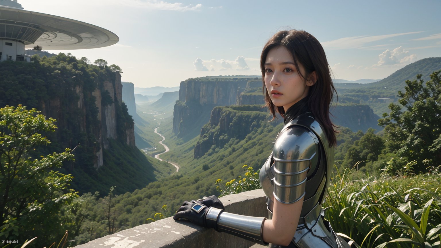 medium shot of one sci-fi futuristic woman, purple hair, cybernetic armor, sitting, (a space UFO flying saucer stands in the distance), dystopian waterfall with sky background, (determined expression:1.3), (fierce gaze:1.4), outdoor, dystopian futuristic era, realistic, ambient light, cinematic composition, wide-angle lens, best quality, masterpiece