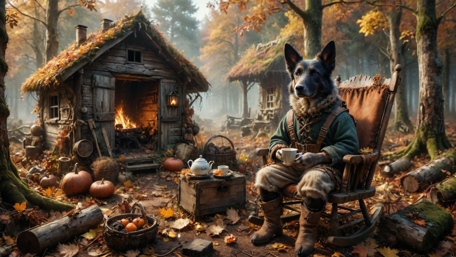 (((1 shepherd dog dressed in a forester's costume sits in a rocking chair and drinks tea))), ((wooden forester's hut in autumn forest background)), high detail, 8k, masterpiece, realistic photo, sci-fi, fantastical, intricate detail, complementary colors, (in the style of Hans Heysen and Carne Griffiths), shot on Canon EOS 5D Mark IV DSLR, 85mm lens, long exposure time, f/8, ISO 100, shutter speed 1/125, award winning photograph, facing camera, perfect contrast, cinematic style