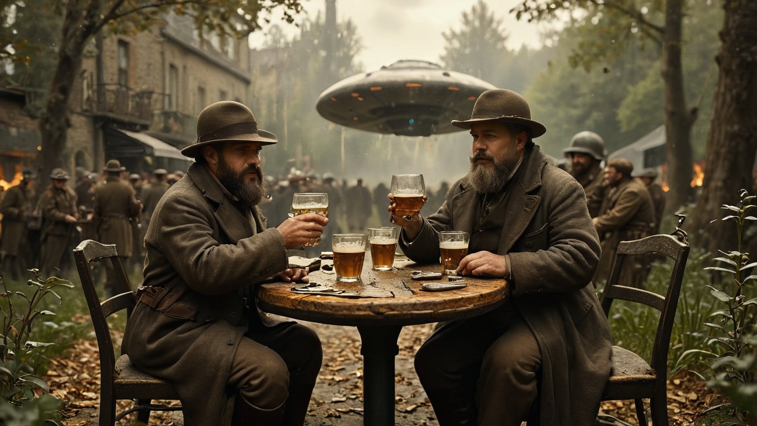 (two very old men with gray beards in old dirty during the Second World War rugs drinking beer at a small table), (huge silver glossy UFO flying saucer in the distance), (a vintage battlefield overgrown with vegetation background), flux-style, AND, inspired, illustrious quality, beautiful, fine artistic composition, highly complex, movie still, masterpiece