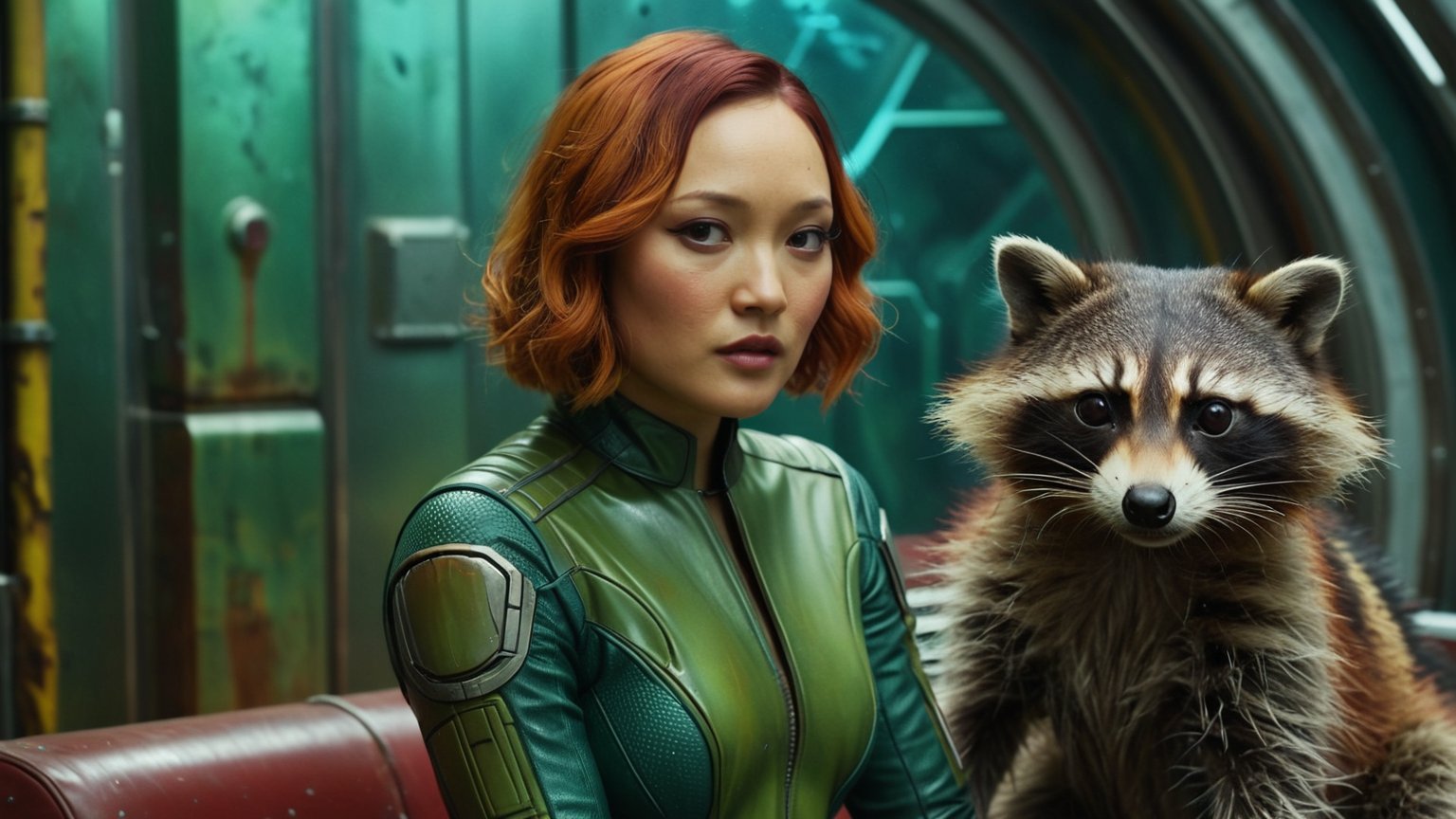 (((medium shot of vintage Pom Klementieff as character from "Guardians of the Galaxy" movie sitting with Raccoon animal sci-fi character))), (dressed in a glossy futuristic green latex suit), ((takeoff pad with a huge vintage spaceship background)), high detail, 8k, masterpiece, realistic photo, sci-fi, fantastical, intricate detail, complementary colors, (in the style of Hans Heysen and Carne Griffiths), shot on Canon EOS 5D Mark IV DSLR, 85mm lens, long exposure time, f/8, ISO 100, shutter speed 1/125, award winning photograph, facing camera, perfect contrast, cinematic style, Vintage World,VTWXL