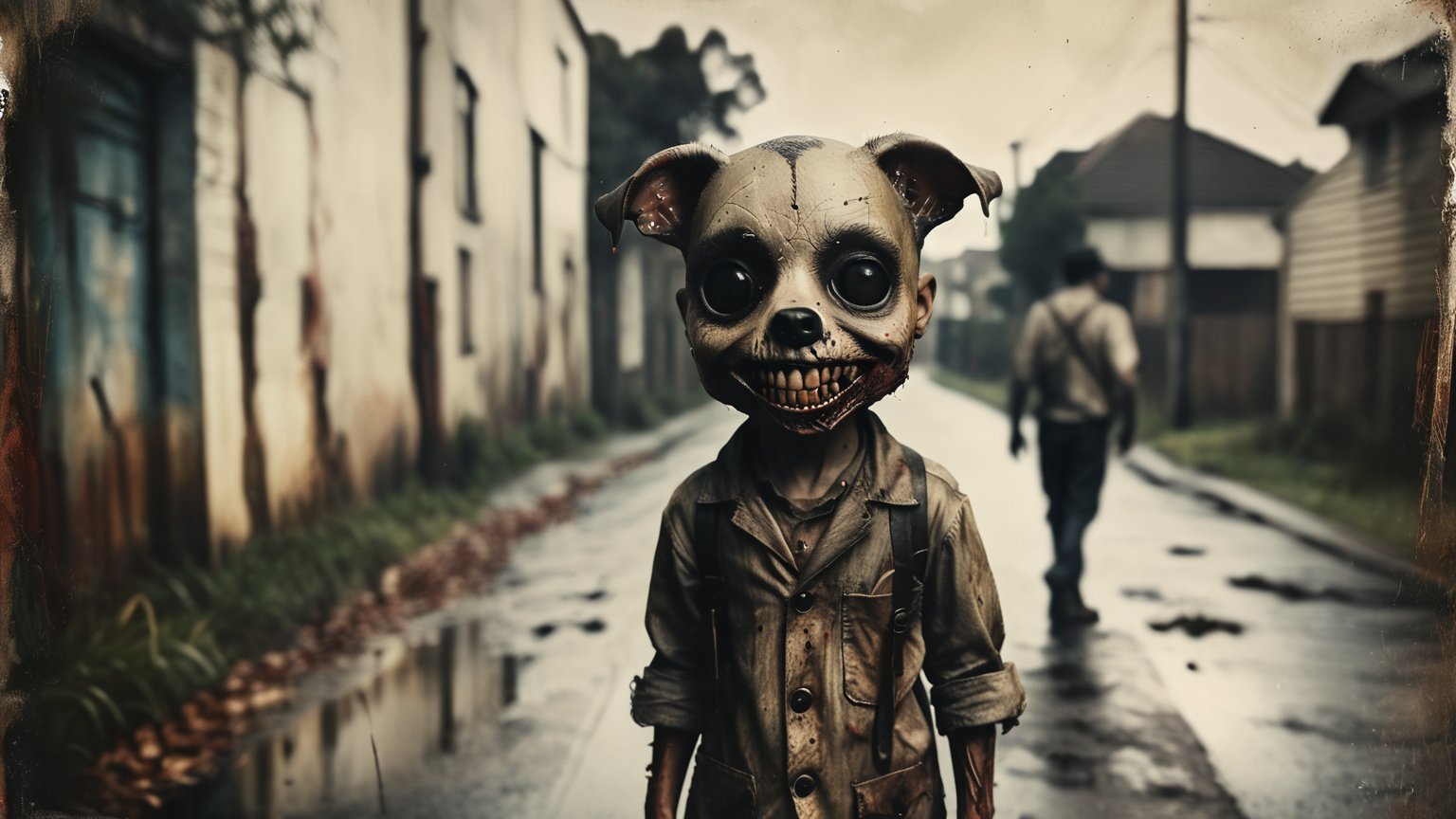 (((full body smiling SIBITORO boy character with large black eye sockets, a creepy mouth with hundreds of teeth in a striped bw uniform stands with a huge zombie dog))), full body shot, ((dark dirty vintage rainy street background)), high detail, 8k, masterpiece, realistic photo, horror, ct-horror, fantastical, intricate detail, complementary colors, horror fantasy concept art, (in the style of Hans Heysen and Carne Griffiths), shot on Canon EOS 5D Mark IV DSLR, 85mm lens, long exposure time, f/8, ISO 100, shutter speed 1/125, award winning photograph, facing camera, perfect contrast,cinematic style,cibtr