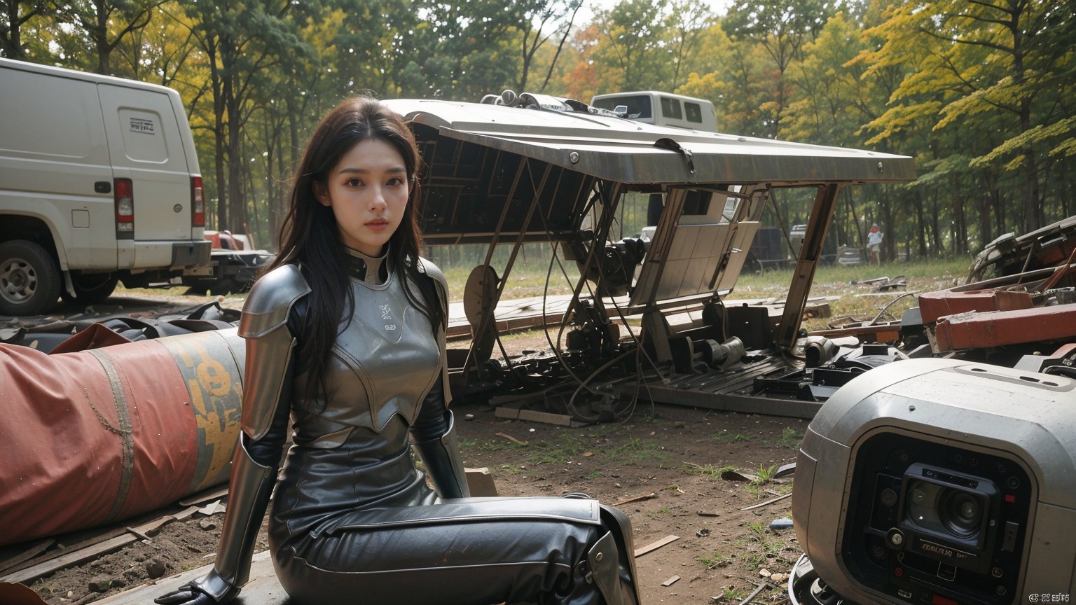 medium shot of one sci-fi futuristic woman, dreadlocks hair, cybernetic armor, sitting, (combat mecha robot stands nearby), autumn forest in the wreckage of military vehicles background, (determined expression:1.3), (fierce gaze:1.4), outdoor, dystopian futuristic era, realistic, ambient light, cinematic composition, wide-angle lens, best quality, masterpiece