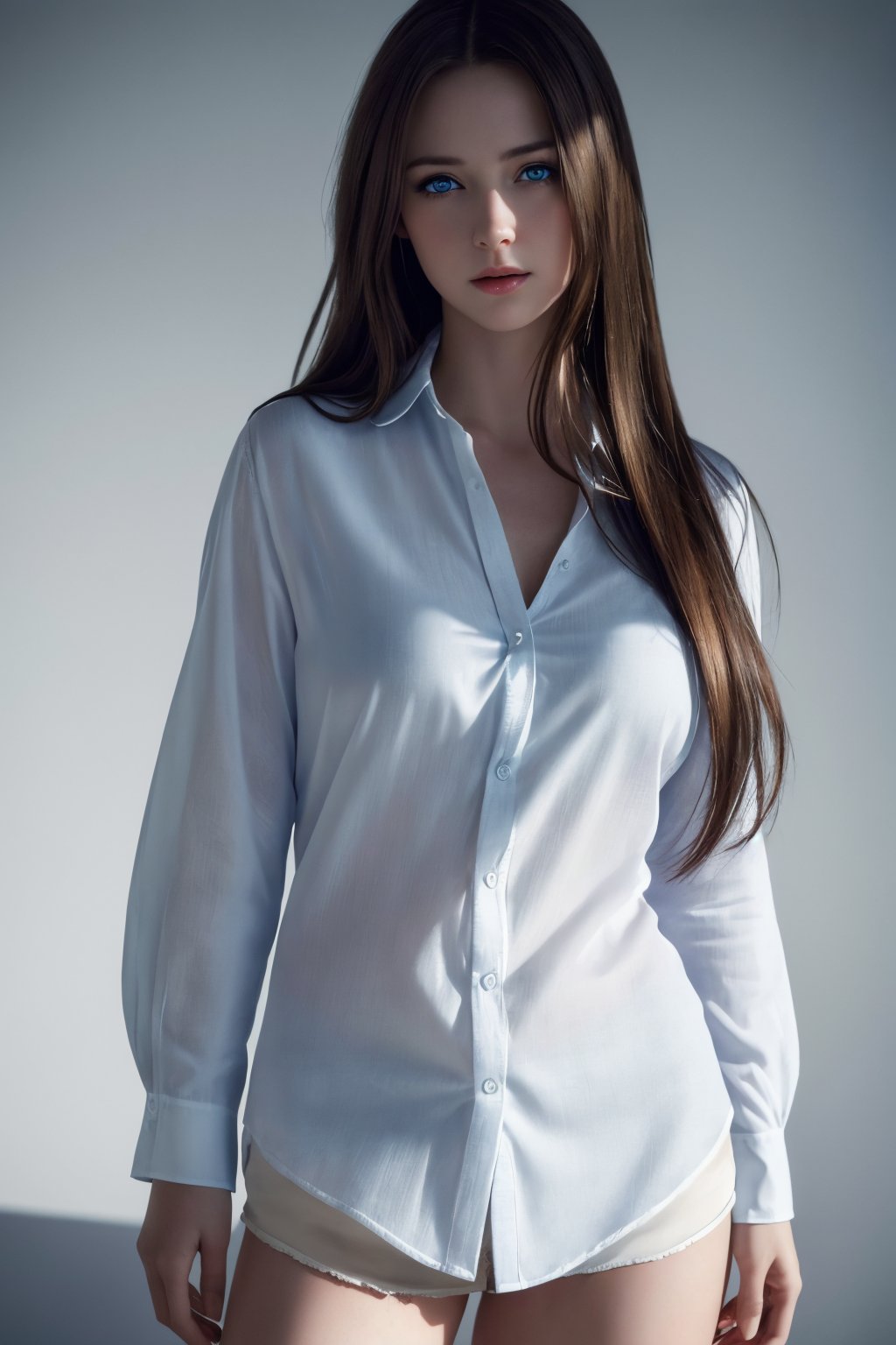 Best quality, masterpiece, ultra high res, (photorealistic:1.37), raw photo, 1girl, long hair, blue eyes,  detailed eyes and face, white shirt, dynamic lighting, in the dark, deep shadow, low key, cowboy shot
