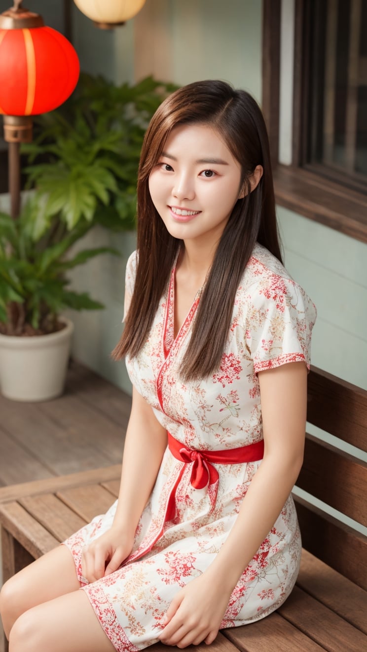 Create an photography, realistic image of a 25year-old beautiful Korean woman with fair skin, long Brown hair, brown eyes, small breasts,with a confident posture, sitting crossed legs on a wooden bench, wearing a traditional extra short red and white floral patterned dress, sitting on a wooden bench holding a fan , surrounded by red  lanterns with decorations and gold calligraphy with, indoors with wooden lattice and dramatic shadows, dark background with soft light from above, smiling looking at the camera. HD high resolution 8k realistic .
,Masterpiece