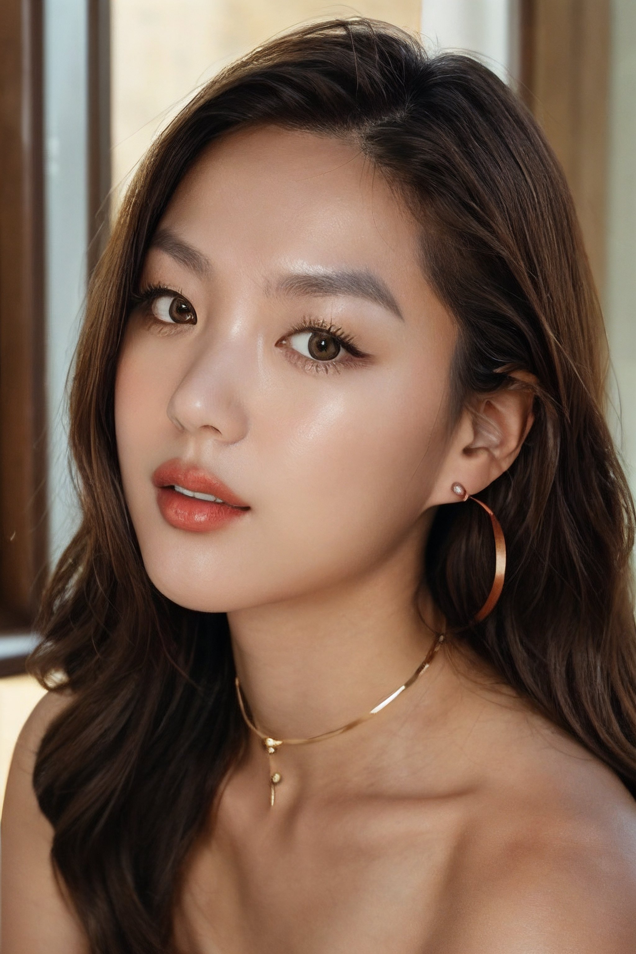 igirl, beautiful 22 year old Korean woman, close up, portrait, black choker, looking slightly away from camera,  dimly lit, sitting in a room by a window, bathed in golden sunlight, dark walls, stud earrings, women's watch,  best quality, amazing quality, very aesthetic, (petite), insanely detailed eyes, insanely detailed face, insanely detaled lips, insanely detailed hands, insanely detailed hair,  insanely detailed skin, long light brown hair, brown eyes, red lipstick