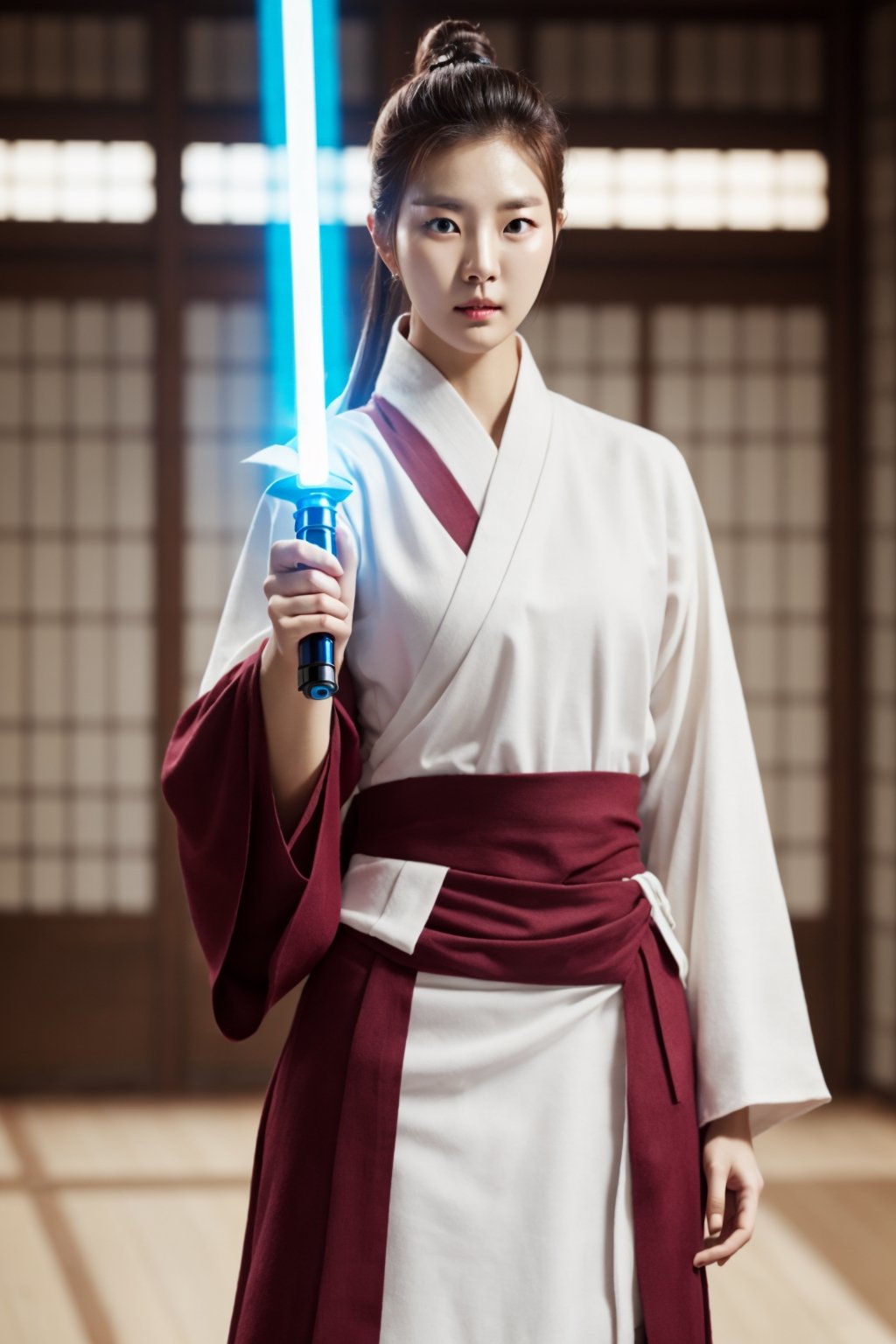  1girl, a lady (Korean Supermodel), beautiful, i (holding white lightsaber), Bown hair,half body,epic shot, nice hand, perfect hand, wuxia background,, Masterpiece,mina
