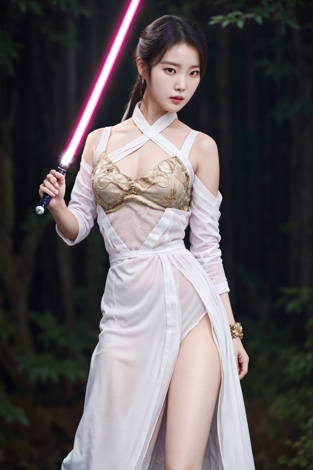  1girl, a lady (Korean Supermodel), beautiful, i (holding white lightsaber), Bown hair,half body,epic shot, nice hand, perfect hand, wuxia background,, Masterpiece,mina