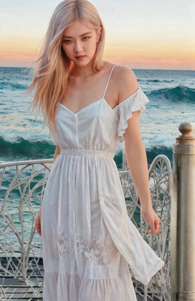 Generate hyper realistic image of a white hair korean beauty with beachy waves, natural and sun-kissed makeup, and a flowing white bohemian maxi dress, playfully teasing by the railing of an ocean pier with waves crashing below.up close,Masterpiece