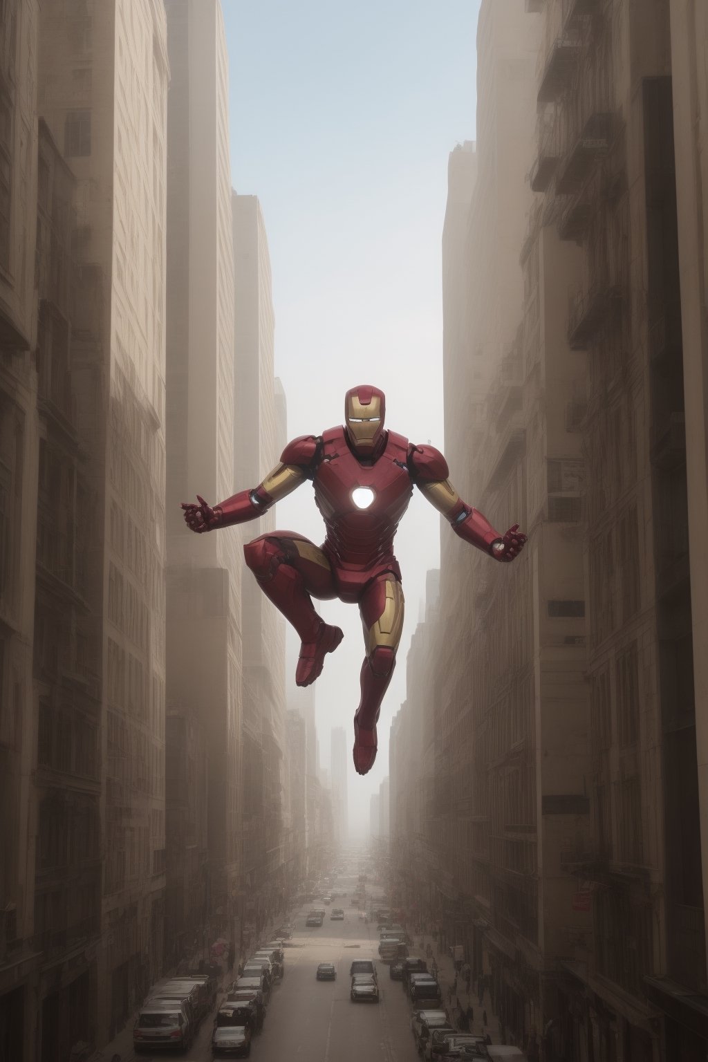 masterpiece, iron man in a futureistic city, jumping from a building