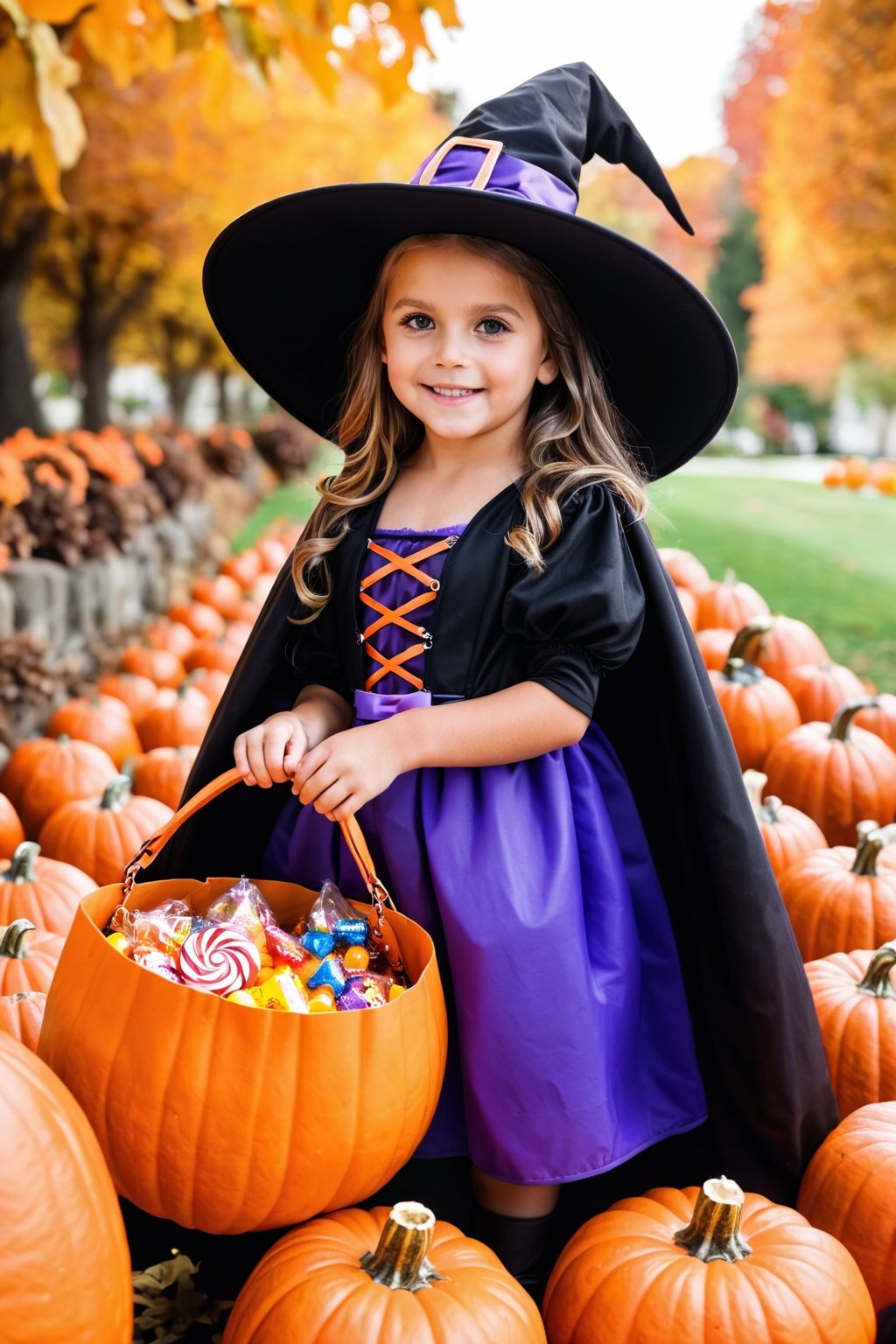 a child, dressed as a witch, surrounded by pumpkins, (holding a huge bag of candy:1.2)