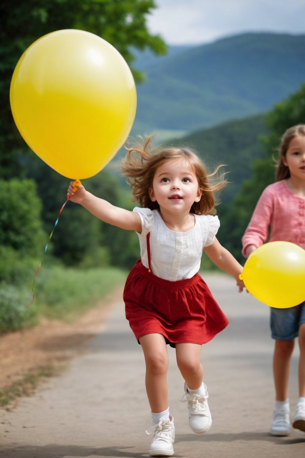 masterpiece, young child being raised into the air by the bunch of balloons she is holding, landscape, action pose
