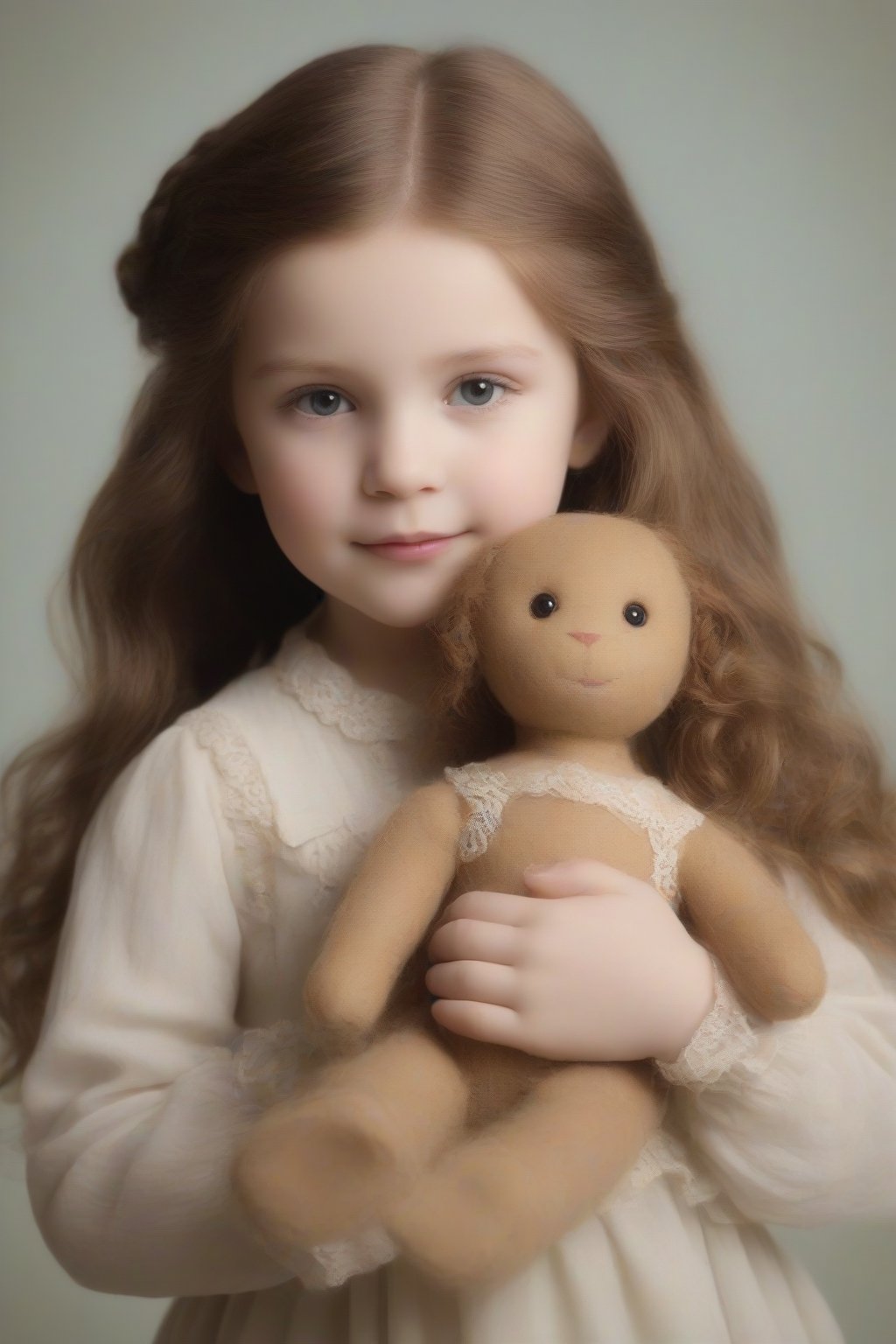 victorian child holding her doll, photo realistic, full body