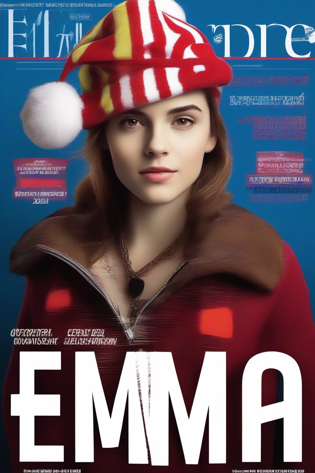 emma watson, magazine cover, vintage, pinup, santa hat, al capp style, [Sunrise Magazine]