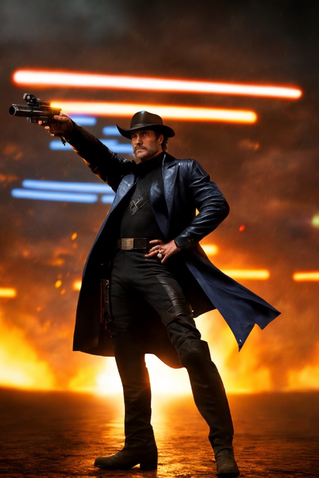 futureistic old west gunman,blade runner style,  action pose, full length, 

