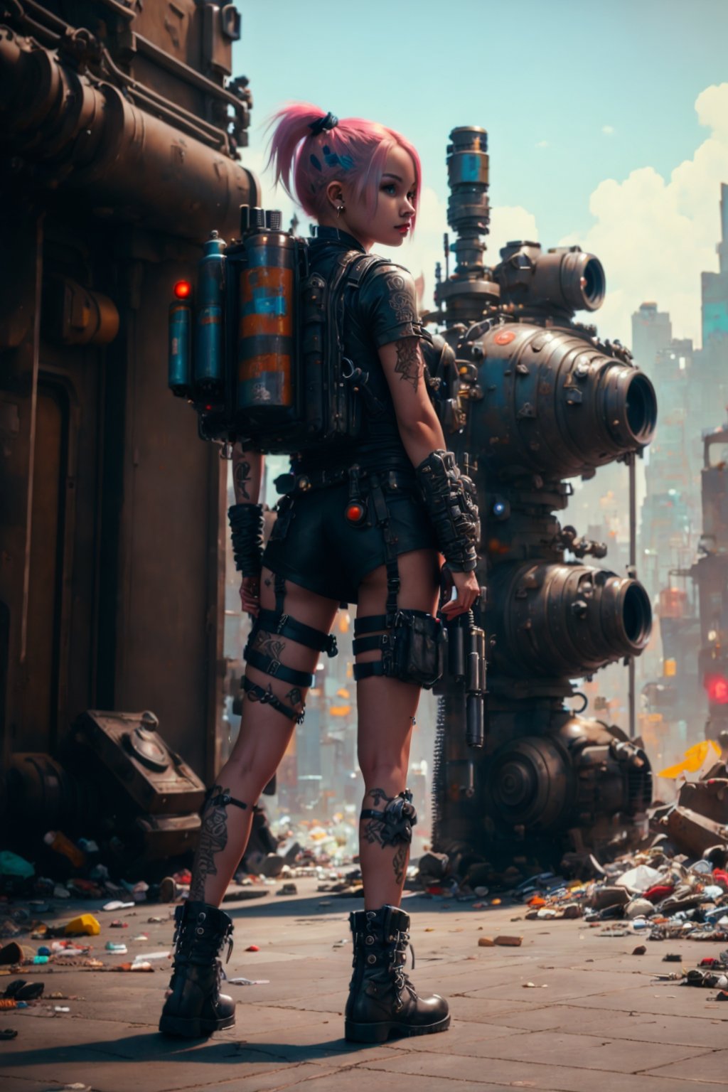 dove cameron, future punk  city, graffitti, trash, wearing leather, holding a machine gun, back to camera, full body, action pose,cart00d