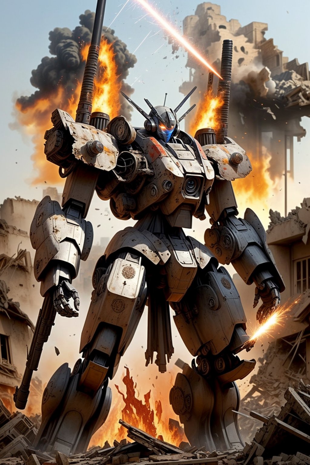 masterpiece, best quality,  Indian mecha, in front of a Indian Temple, no humans, black armor, blue eyes, science fiction, fire, laser canon beam, war, conflict, destroyed city background, 