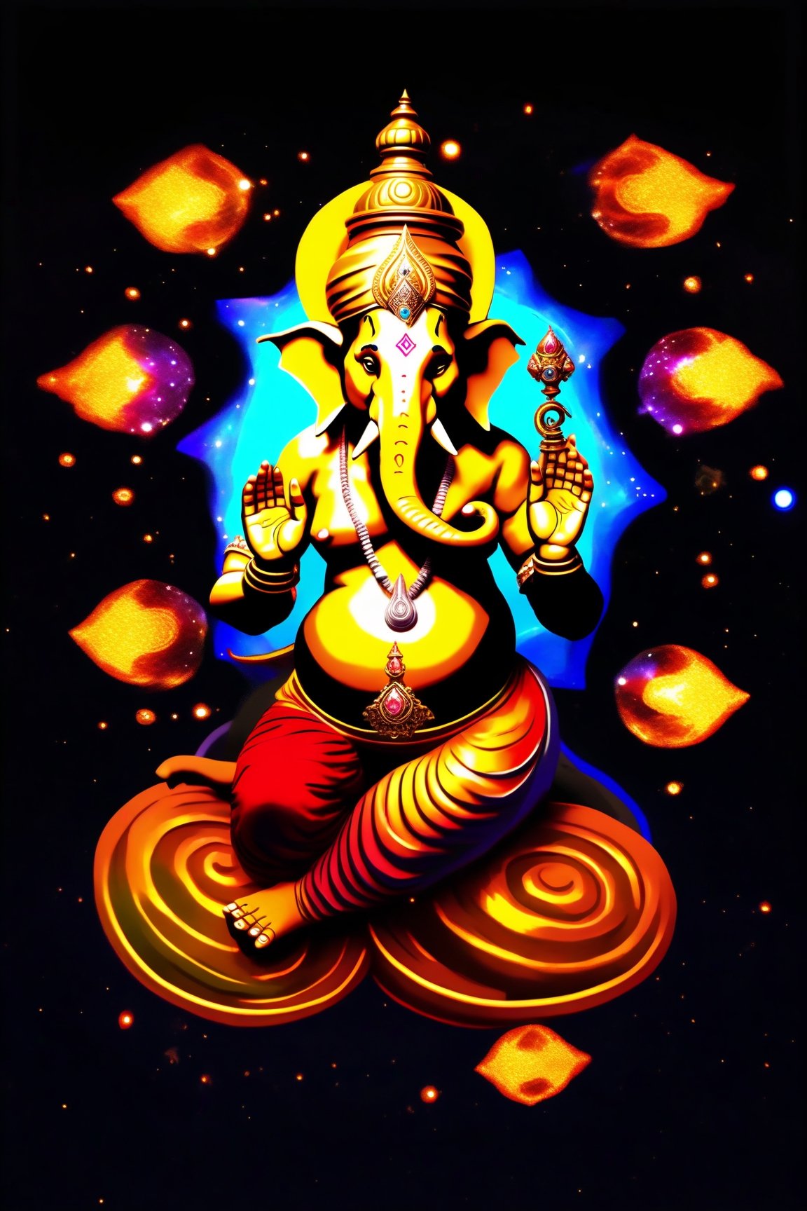 In a dimension where stars collide, the legendary Hindu God Ganesh in multicolor wearing jewelry in gold and diamond and sitting on a throne during Ganesh Chaturthi in space, rendered in Unreal Engine 5 with vivid colors and cinematic color grading emerges as an embodiment of celestial fury. Its body is a symphony of radiant colors, mirroring the birth of stars. Its eyes blaze with cosmic fire, and tendrils of energy arc around its form like ethereal lightning. Lord Ganesh harnesses the power of the cosmos itself, Amidst a cosmic maelstrom, where galaxies spiral and stars explode, the serpent reigns supreme, Epic, cataclysmic, and transcendent, evoking the power of celestial forces. Style: Ultra-realistic digital painting with intricate details and a dynamic interplay of colors. Execution: Rendered in a hyper-realistic style, using advanced digital techniques to capture the Imagination.,arcane