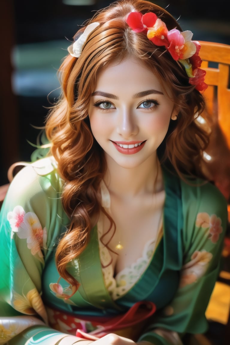HDR photo of woman, spiral curls, long auburn hair, (freckles:0.6) , beautiful low cut blouse, long skirt, sitting on a chair in a dark room, amazing smile, perfect eyes . High dynamic range, vivid, rich details, clear shadows and highlights, realistic, intense, enhanced contrast, highly detailed,kimono,better photography