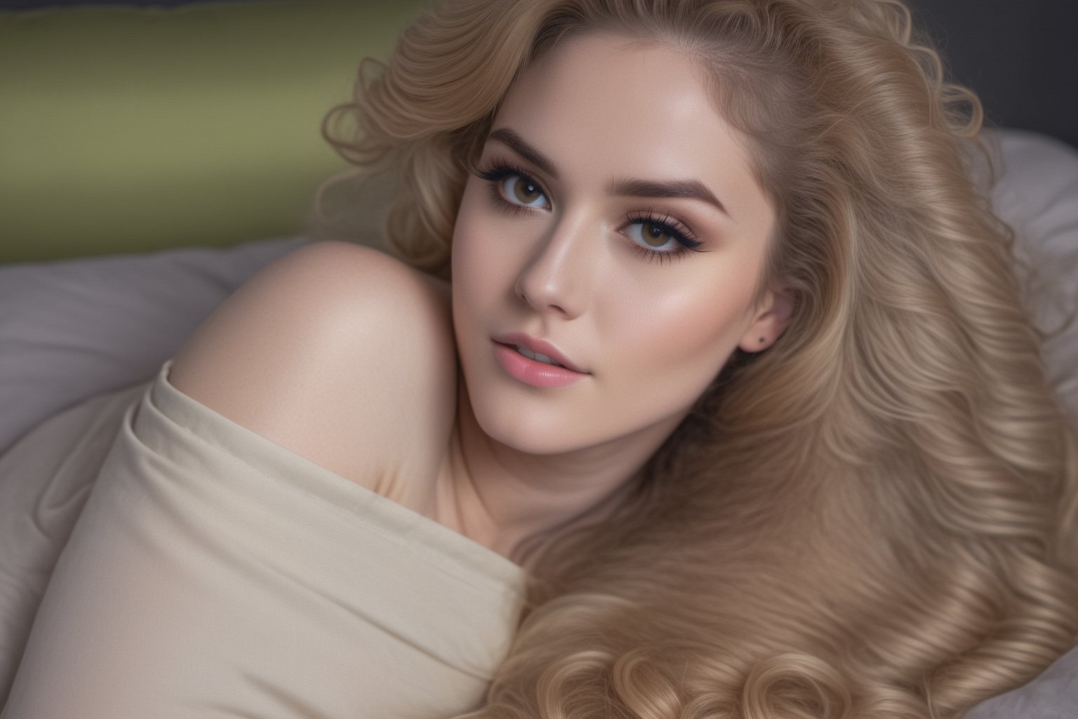 (realistic, high quality, sharp focus, top resolution, premium quality, professional shot, high definition, dim light, a picture of a liberated 25-year-old girl with long, dense golden hair, slightly curling at the ends, frames her graceful oval face with perfect eyes, long black lashes, while her figure, with its exquisite curves, big natural breasts, rounded shoulders, radiates femininity and sexual allure, bed, crumpled sheets and blankets, her hair tousled, sucking erected big cock, (blowjobpose, sucking cock),,<lora:659095807385103906:1.0>