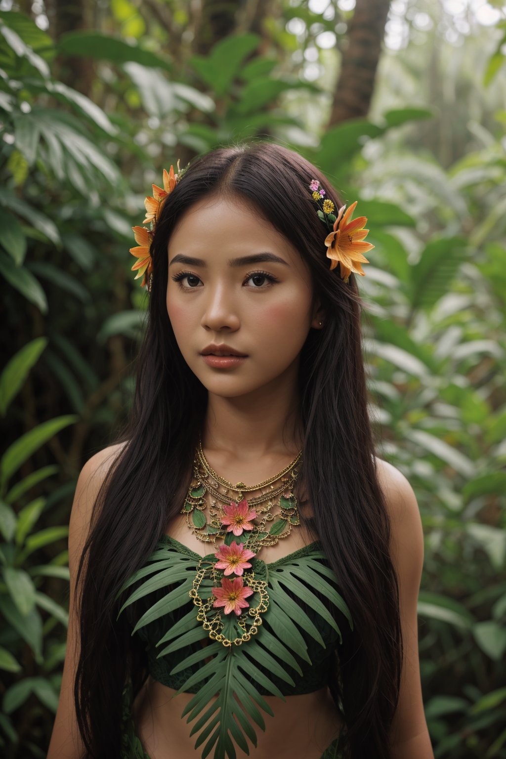 Masterpiece, intricate details, woman in rainforest, flowers in the hair, birds,Indonesiadoll,niannian,