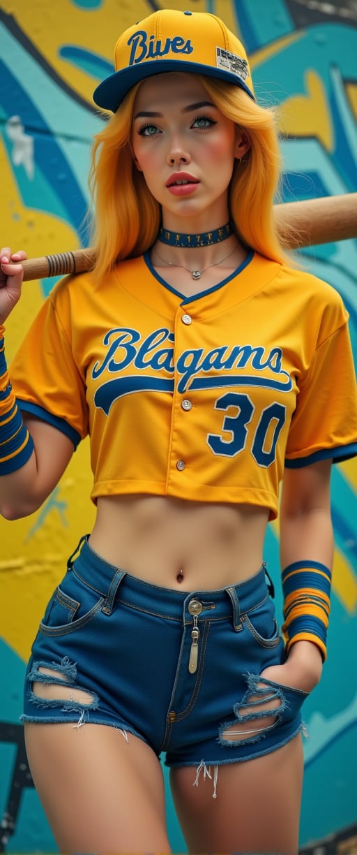 masterpiece, Movie Still, Film Still, Cinematic, Cinematic Shot, (RAW photo, 8k uhd, Analog style, Masterpiece, Best Quality, Highres:1.4), (dramatic, cinematic:1.2), BREAK, movie shot of (brutal:1.1) A young blonde-haired woman dressed in a bold combination of a baseball player's uniform, a bikini, and punk-inspired elements. Her fiery hair contrasts sharply with her outfit, which features complementary yellow and blue tones. She wears a cropped baseball jersey over a blue bikini top, paired with a short skirt or pants that have a rebellious, punk edge, including ripped fabric, studs, and bold patterns. Her accessories, like a spiked choker or wristbands, add to the punk vibe. She stands confidently with a baseball bat slung over her shoulder, her expression fierce and unapologetic, set against a dynamic backdrop with vibrant yellow and blue graffiti, embodying a fusion of athleticism and punk attitude.
"CTMAKER" badge , ,,ct-virtual,ct-virtual_v2,ct-visual,ct-sensual-v2