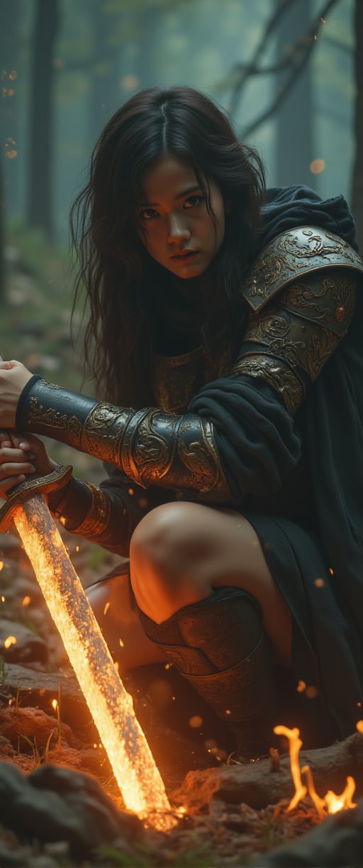 A fierce female warrior crouched low, gripping a long, ornate sword with both hands, illuminated by a fiery orange aura that highlights intricate golden designs on the blade and hilt; rugged expression, dark tousled hair flowing freely, clad in elaborate metallic armor with a dark cloak draping over his back; misty twilight forest background with dark looming trees, smoky ethereal air, glowing embers and sparks around; earthy browns, oranges, and golds dominate the scene, contrasting with cooler dark greens and grays of the forest, creating a mystical, intense atmosphere,jisosmile,ct-jisoo