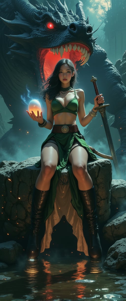 A mystical scene unfolds within a dark, eerie dragon's liar: a powerful woman sits atop a massive stone, her green corset and brown belt accentuating her presence as she cradles a luminous dragon's egg. A colossal black dragon looms before her, its open mouth revealing a fiery red tongue. The woman wields a sword in her right hand, surrounded by a subtle mist illuminated by dancing sparks. Wet stone reflections create an eerie atmosphere, while chiaroscuro lighting casts deep shadows to add dimensionality.,ct-chainb,ct-colority,ct-bustyy2,ct-dbe,ct-jennie