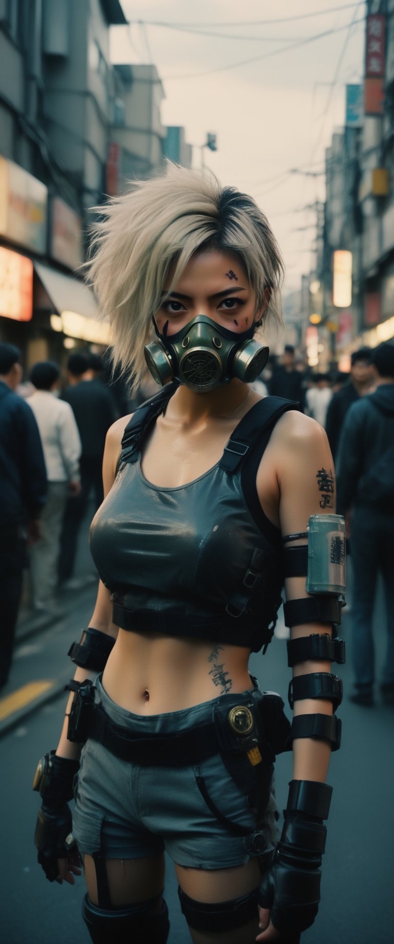 1 young and beautiful girl:1.2)), absurdres, (8k, best quality, masterpiece:1.2), professional photography, dramatic light, (finely detailed face:1.2),(((,There is a woman with white hair and  a gas mask  on the street, post apocalyptic Tokyo, set in post apocalyptic Tokyo, gloomy apocalyptic style, cyberpunk photo, anime style mixed with Fujifilm, Cyberpunk Hiroshima, hyperrealistic cyberpunk style, cyberpunk streetwear, cyberpunk grunge, en cyberpunk aesthetic, cyberpunk streets in japan, in cyberpunk style, cyberpunk horror style, in the cyberpunk city))),angry, latex uniform, eye angle view, ,aw0k nsfwfactory,aw0k magnstyle,danknis,sooyaaa,Anime,dlwlrma,