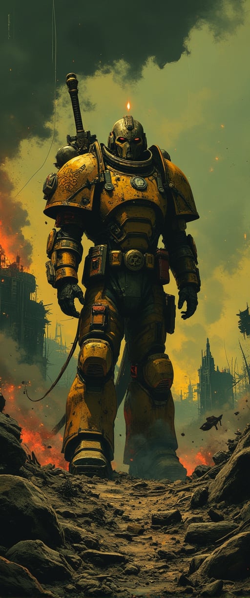 Against a desolate backdrop of ravaged terrain and smoke-filled skies, a towering Space Marine stands resolute, his golden armor a testament to conquests past. Adorned with grisly trophies of skulls and bones, his imposing form is framed by the skeletal remains of the apocalypse. A majestic sword, its blade inscribed with ancient runes, hangs at his side like a badge of honor. The serpent's head helmet glows with an otherworldly light, casting an aura of unyielding determination. In the distance, the foreboding silhouette of a ruined stronghold pierces the dark atmosphere, its shadows stretching out like skeletal fingers to ensnare the warrior in their grasp.,FluxBoost,detailerlora,Enhanced all