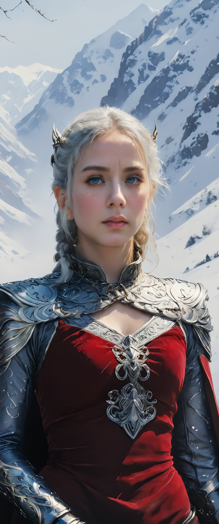 A regal warrior stands tall in a snowy outdoor setting. She's adorned in intricate armor, with twin braids framing her face and a crown resting atop her head. Her white hair flows down her back like a river of snow. Her grey eyes blaze with anger as she gazes directly at the viewer, her medium-sized breasts visible through a cutout in her cape. A sword hangs at her side, its hilt wrapped in brown leather. Her gloves are a deep shade of crimson, matching the color of her pointed ears. A braid extends from each ear, adding to the overall sense of regality. The cold wind whispers secrets as she stands firm, her gaze piercing through the frosty air.,ct-virtual