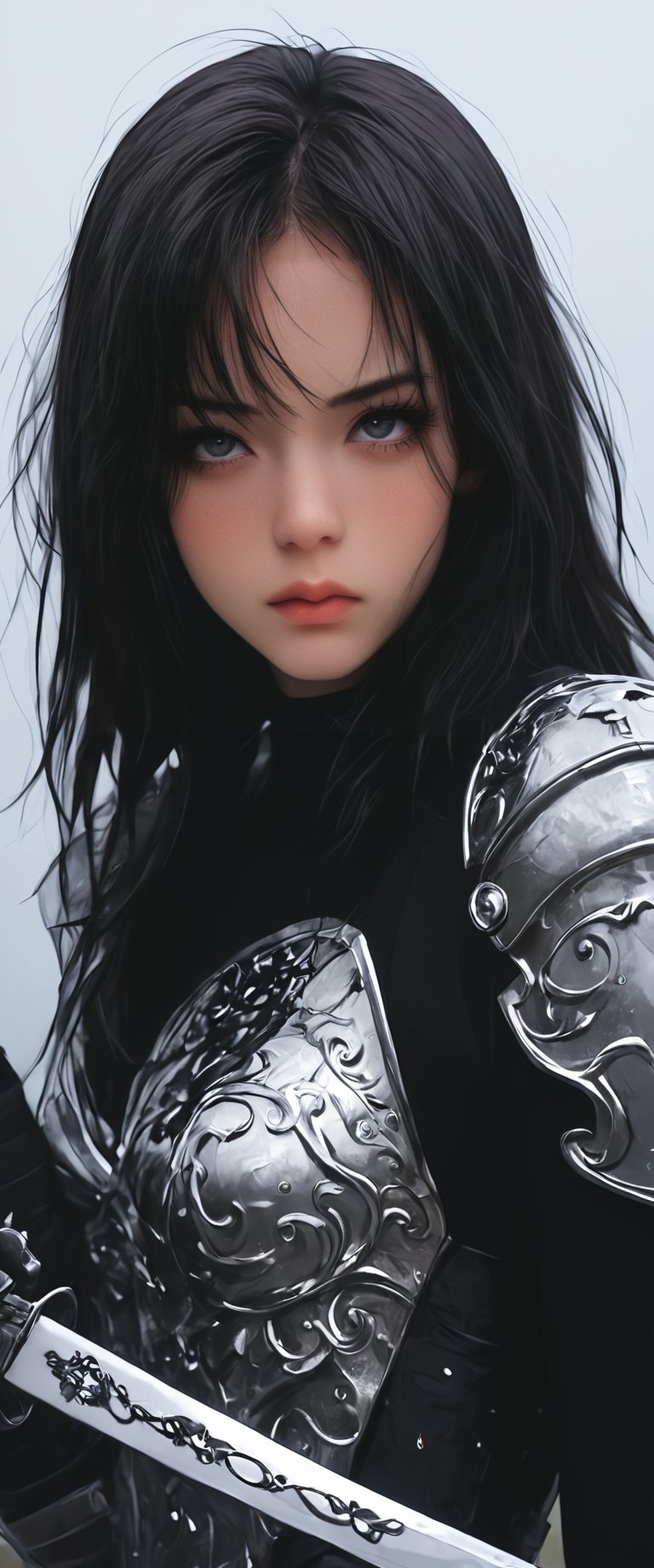 1girl, solo, looking at viewer, black hair, white background, holding, closed mouth, weapon, sword, medium hair, armor, helmet, cross, shoulder armor, gauntlets, headwear removed, pauldrons, breastplate, helmet removed