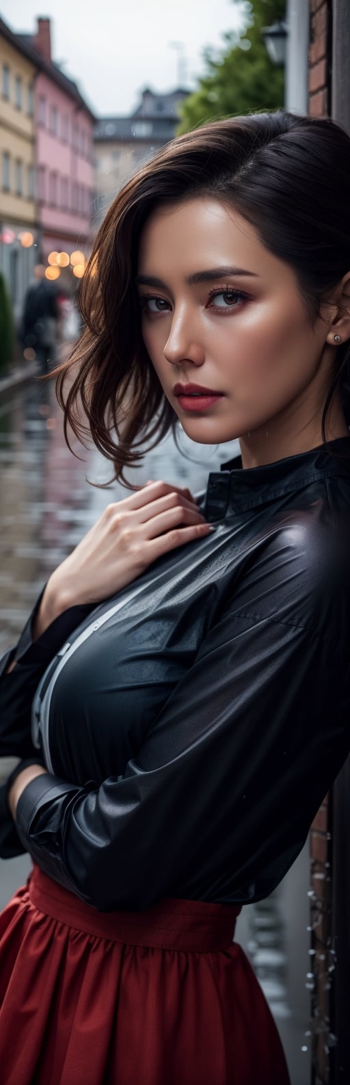 wetshirt, woman standing in a downpour, european village, dirndl dress, (by Steve McCurry, by Alessio Albi, by Lee Jeffries, by Herb Ritts, by Jeremy Mann:0.8), black hair, updo, close-up, leaning against wall, cobblestone, rain, street, bokeh, red ribbons, wetshirt, 