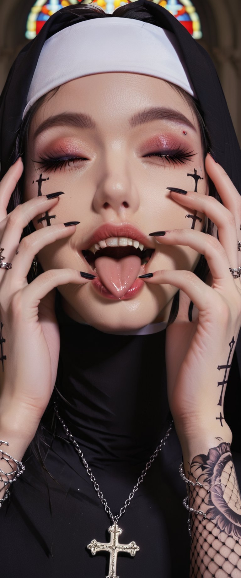 Prompt: 1girl, solo, long hair, open mouth, dress, jewelry, closed eyes, teeth, tongue, tongue out, necklace, black dress, tattoo, makeup, fangs, piercing, cross, fishnets, eyeshadow, nun, hands on own face, arm tattoo, habit, cross necklace, inverted cross
