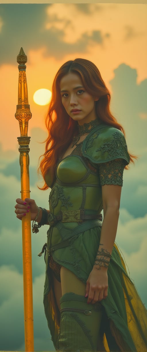 A hauntingly beautiful still life: a Heavy Armored Knightess stands tall, bathed in the eerie glow of an orange-bleaked sundawn. Volumetric Green Clouds swirl above, as she holds an ancient, worn translucent yellow weapon with confident ease. Her long Neon White and Red Hair cascades down her back, framing her shaded eyes and Freckles. The faded color palette of gray, beige, and washed-out orange evokes a sense of mystery. Cinematic composition and soft shadows enhance the striking pose, as atmospheric haze and film grain add depth to this cinematic still. Shallow depth of field and high detail create a photorealistic image, reminiscent of a 2000s vintage RAW photo.