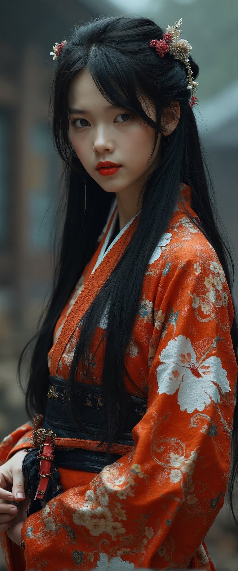 A cinematic shot of a lone girl, dressed in a traditional Japanese kimono with a vibrant floral print, standing confidently in a blurred background. She gazes directly at the viewer, her brown eyes intense and sharp. Her long, dark hair cascades down her back like a waterfall of night. A katana, its sheath gleaming, is held firmly in her hand, its blade razor-sharp with a subtle cinematic lighting that accentuates the depth of field. The girl's full body is rendered in stunning detail, from the delicate curves of her fingers to the subtle texture of her kimono. Her red lips are painted and bold, framing her striking features. The overall mood is one of quiet contemplation, as if she is waiting for something - or someone.